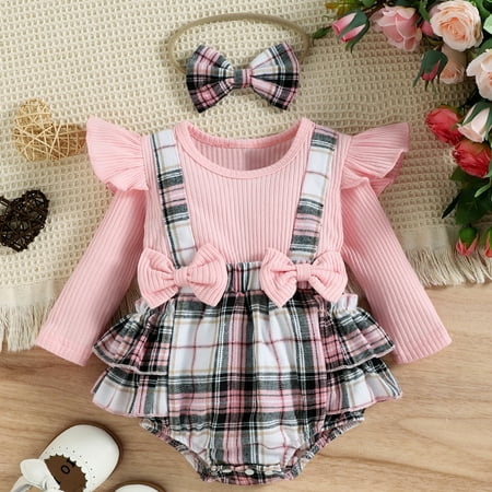 

Zukuco Newborn Baby Girl Pink Plaid Romper Dress Long Sleeve Tutu Bodysuit Outfit + Headband My First Christmas Clothes