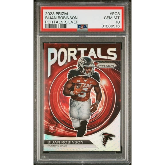 Graded 2023 Panini Prizm Bijan Robinson #PO8 Portals Silver Rookie RC Football Card PSA 10 Gem Mint