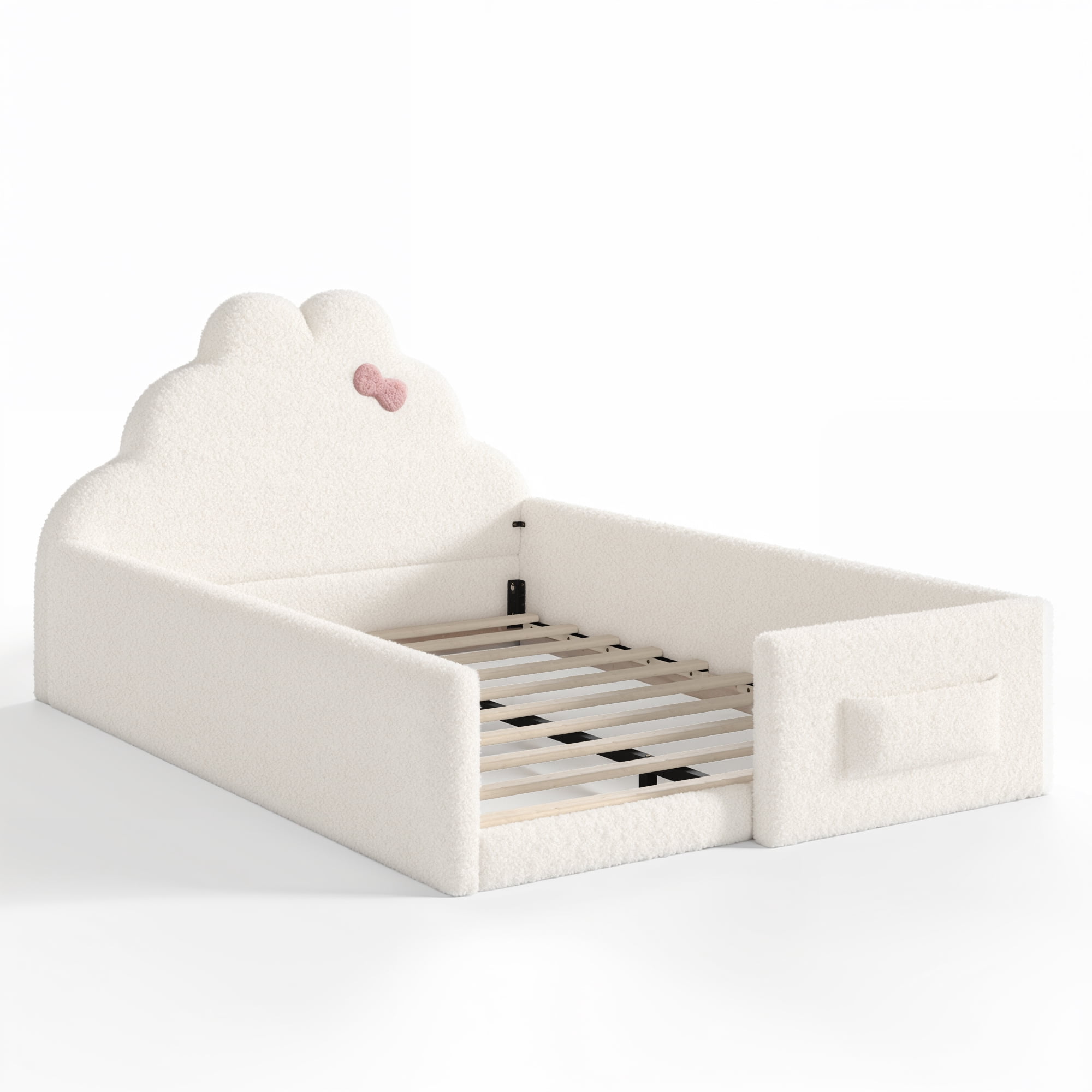 HOQBN Full Size Upholstered Floor Bed Frame, Soft Padded Upholstered Kids Bed, Safe Children Bed Frame with Side Storage Pocket for Bedroom Beige