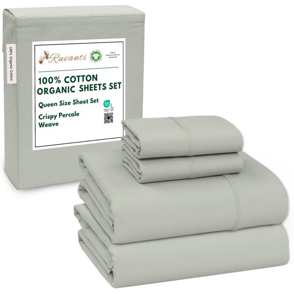RUVANTI 100% Organic Cotton Sheets - Queen Sheet Set - 4 Piece Percale Weave Bedding, Crisp, Cooling & Breathable, Soft & Durable, 16" Deep Pocket, Hotel Quality Sábanas - Mineral Gray