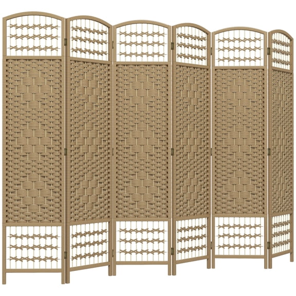 94.5" 6-Panel Woven Room Divider, Natural Wood Freestanding Privacy Screen with Wave Design