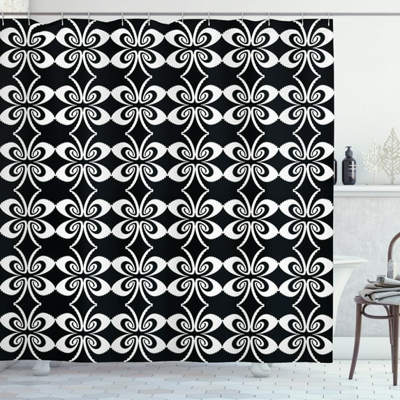 Abstract Shower Curtain, Psychedelic Torsion Design with Mirrored Pairs Op Art Symmetric Arrangement, Fabric Bathroom Set with Hooks, 69W X 70L Inches, Black and White, by Ambesonne