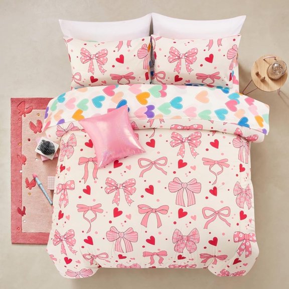 NTBED Chic Bowknot Kids Comforter Set for Girls, Twin Size 6 Piece Bed in a Bag Soft Polyester Bedding Set with Love, Bow & Polka Dot Design, Beige