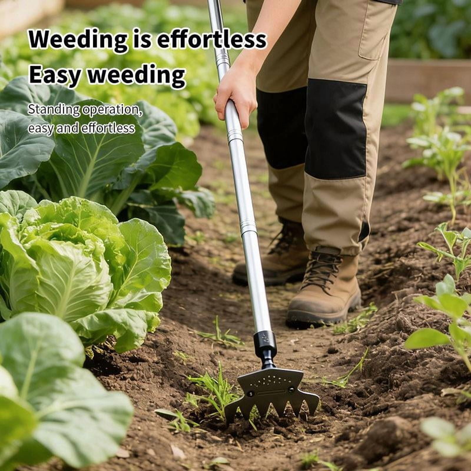Manual Weeding Tool with Adjustable Long Handle 14 to 40 Inches, 6 Tine Heavy Duty Garden Weed Puller Rake for Lawns and Flower Beds, Removal Tool for Soil Aeration and Yard Maintenance
