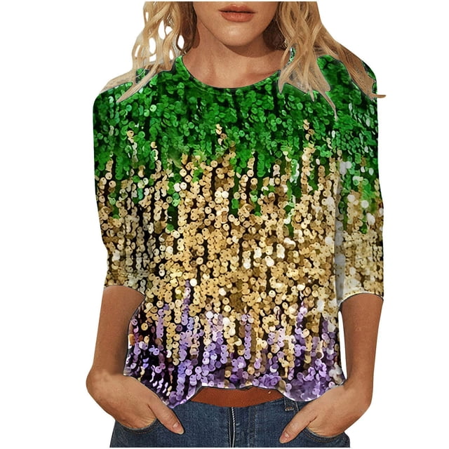 Liquidation! Uooqdmx Hauts Grande Taille pour Femmes Manches 3/4 Hauts pour Femmes Imprimé Pailleté Carnaval Col Rond Hauts d'Automne pour Femmes Jaune 2TG