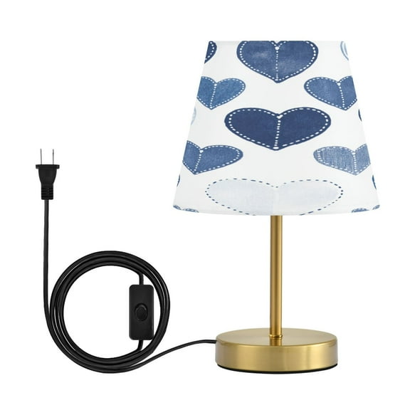 Modern Minimalist Cone Desk Lamp Antique Bronze Base & Linen Shade Bedside Table Lamp for Bedroom Living Room, Office, Dorm Denim Heart Pattern Medium