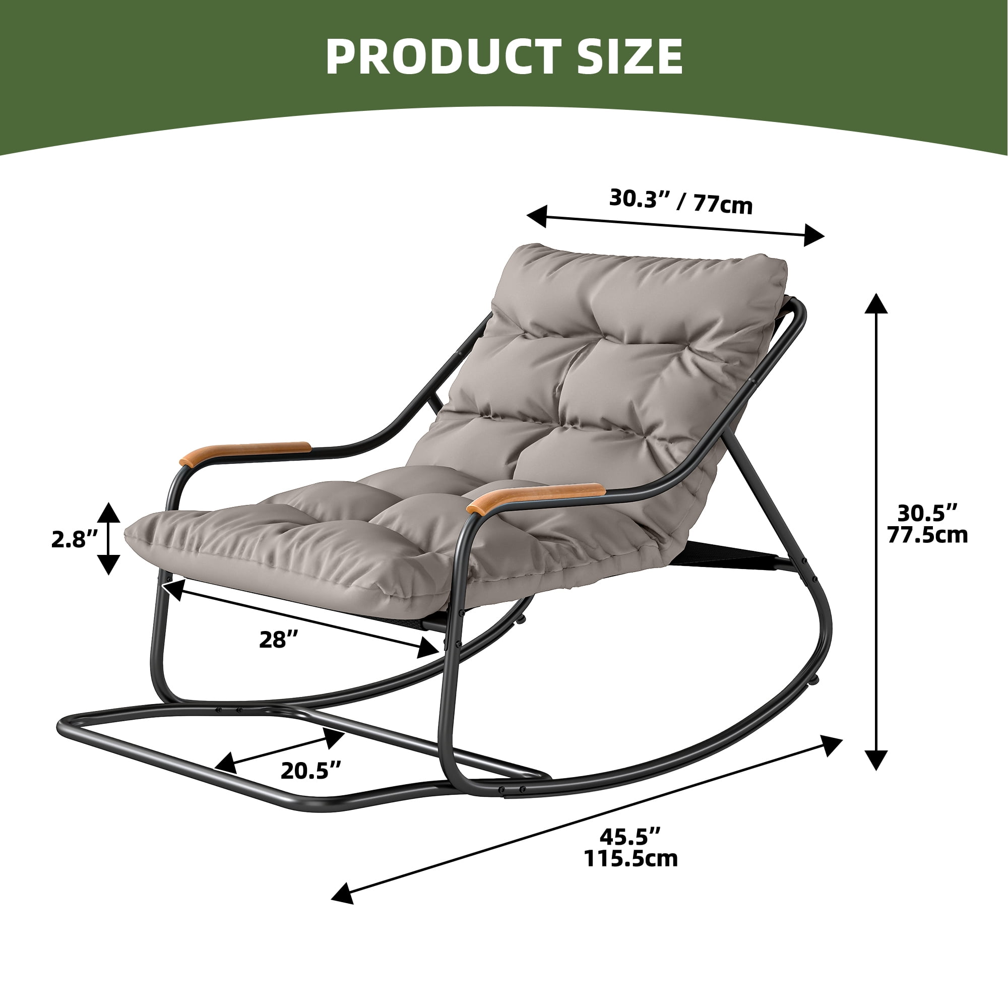 Uforic Oversized Patio Rocking Chair with Soft Thick Cushion, Steel Outdoor Lounge Rocker Chair with Textilene Handrail and Footrest - Black