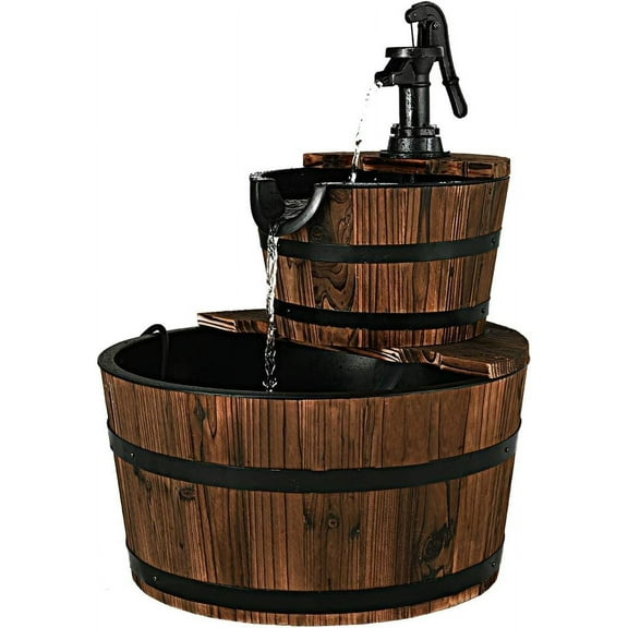 Topbuy 2-Tier Barrel Waterfall Rustic Fountain Barrel Wooden Water Fountain Pump for Garden Patio