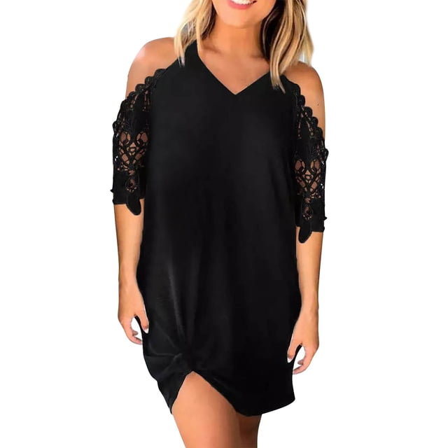 B91xZ Robe Midi Décontractée à Manches Courtes pour Femmes 2024, Col en V, Taille Haute, à Volants, Noire TG