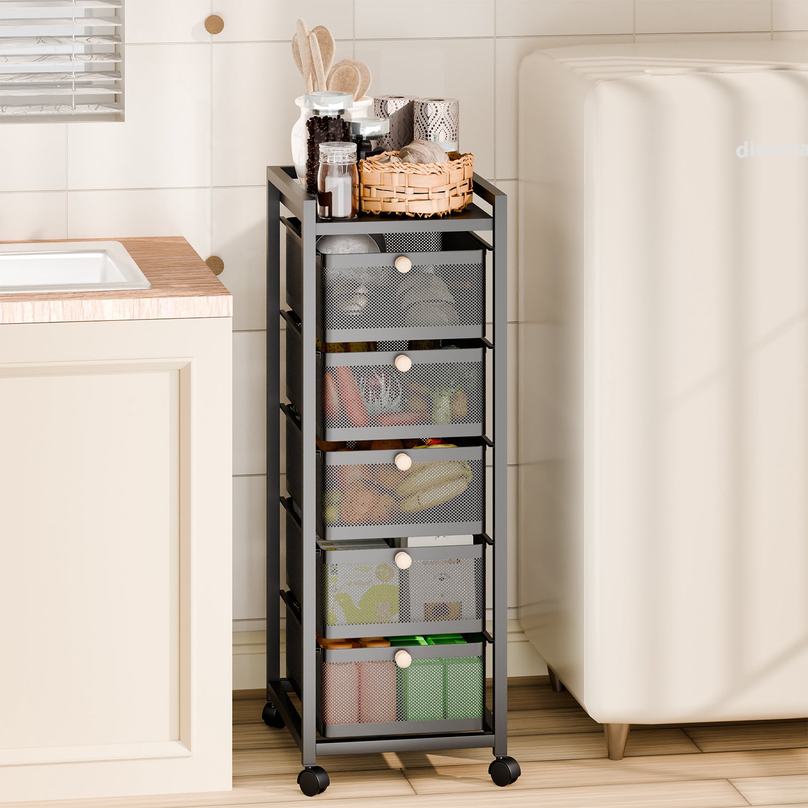 Andvari Slim Rolling Storage Cart with Pull-Out Basket, Metal Wire Shelf for Kitchen Vegetables