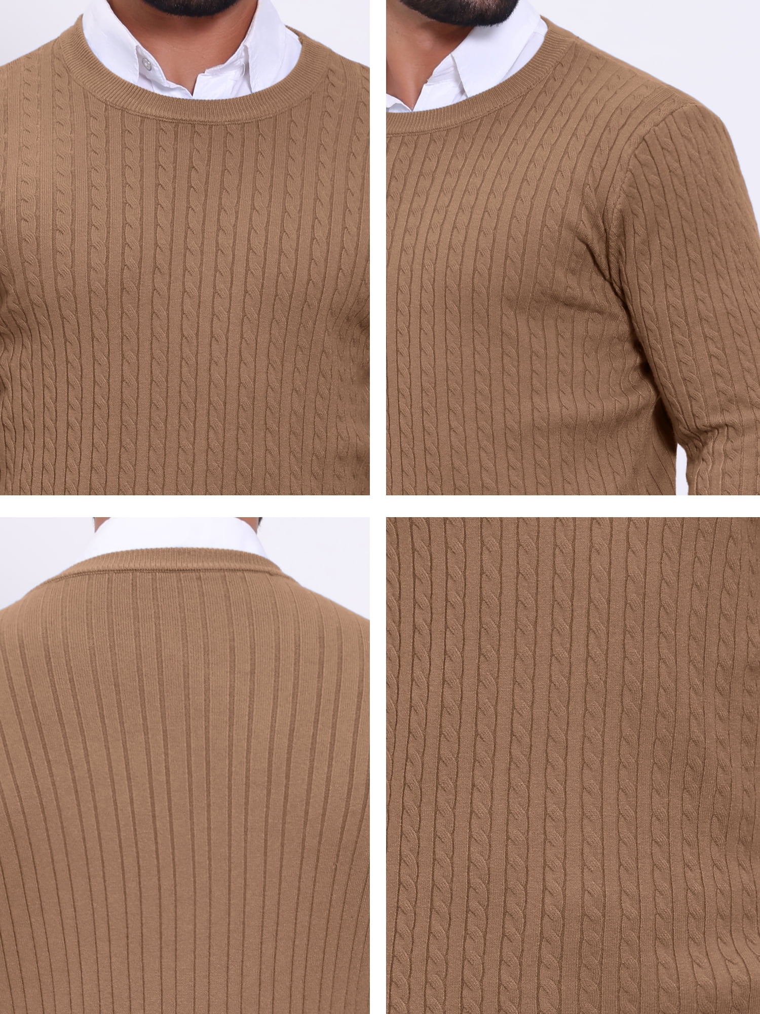 DARING DIVA Men's Crew Neck Long Sleeve Soft Cable Knit Pullover Sweater M Brown