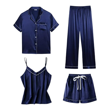 New Women Homewear Set Fashion Satin Silk Shorts Sling Pajamas Thin Four Women Pajamas Piece Set Robes for Women Set Womens Pajama Shirt Womens Shorty Pajamas Set Cute Sleepwear Womens Robe Set plus