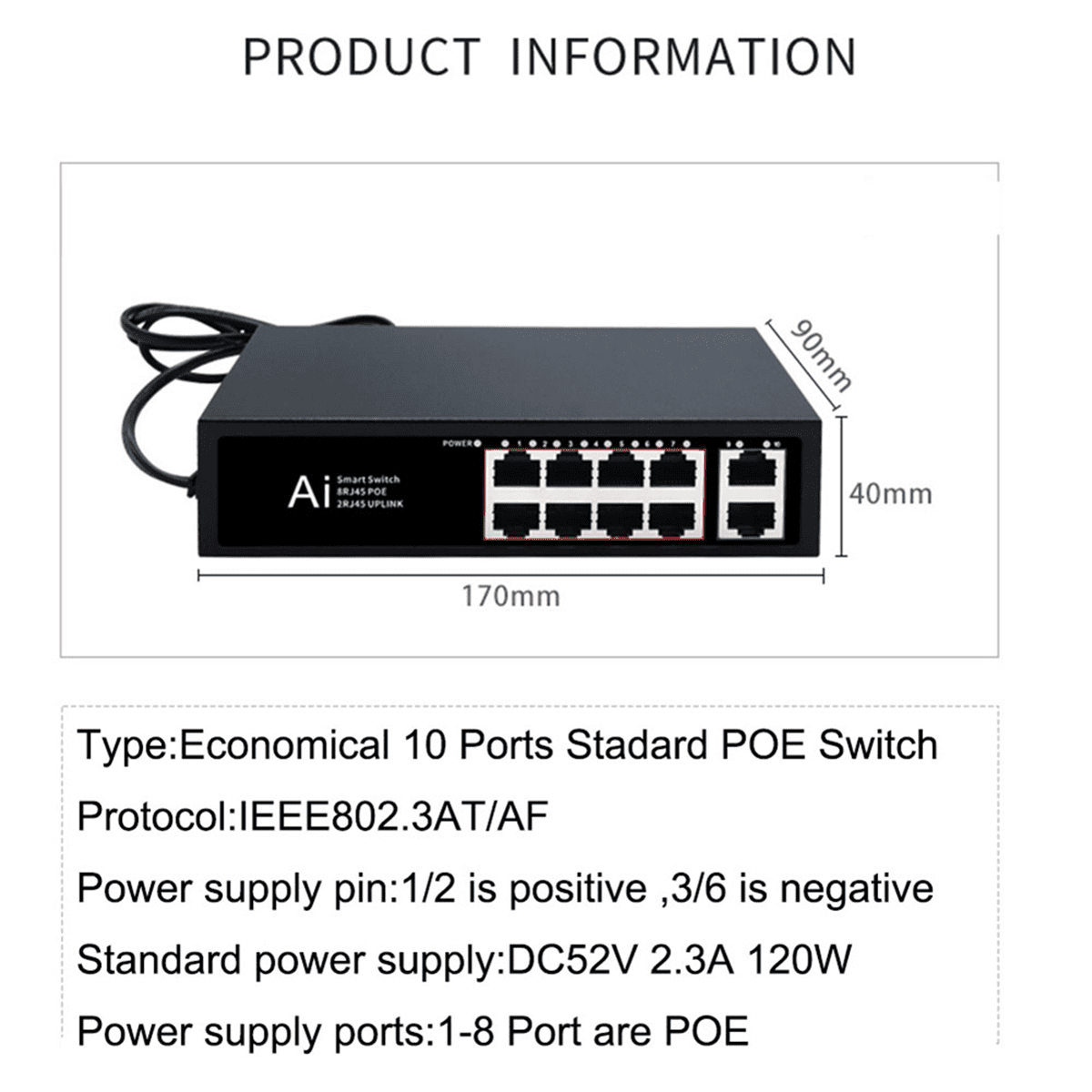 POE Switch 100Mbps Ethernet Switch POE Splitter IEEE 802.3af/At for IP Camera Wireless AP Wifi Router US Plug 10 Ports