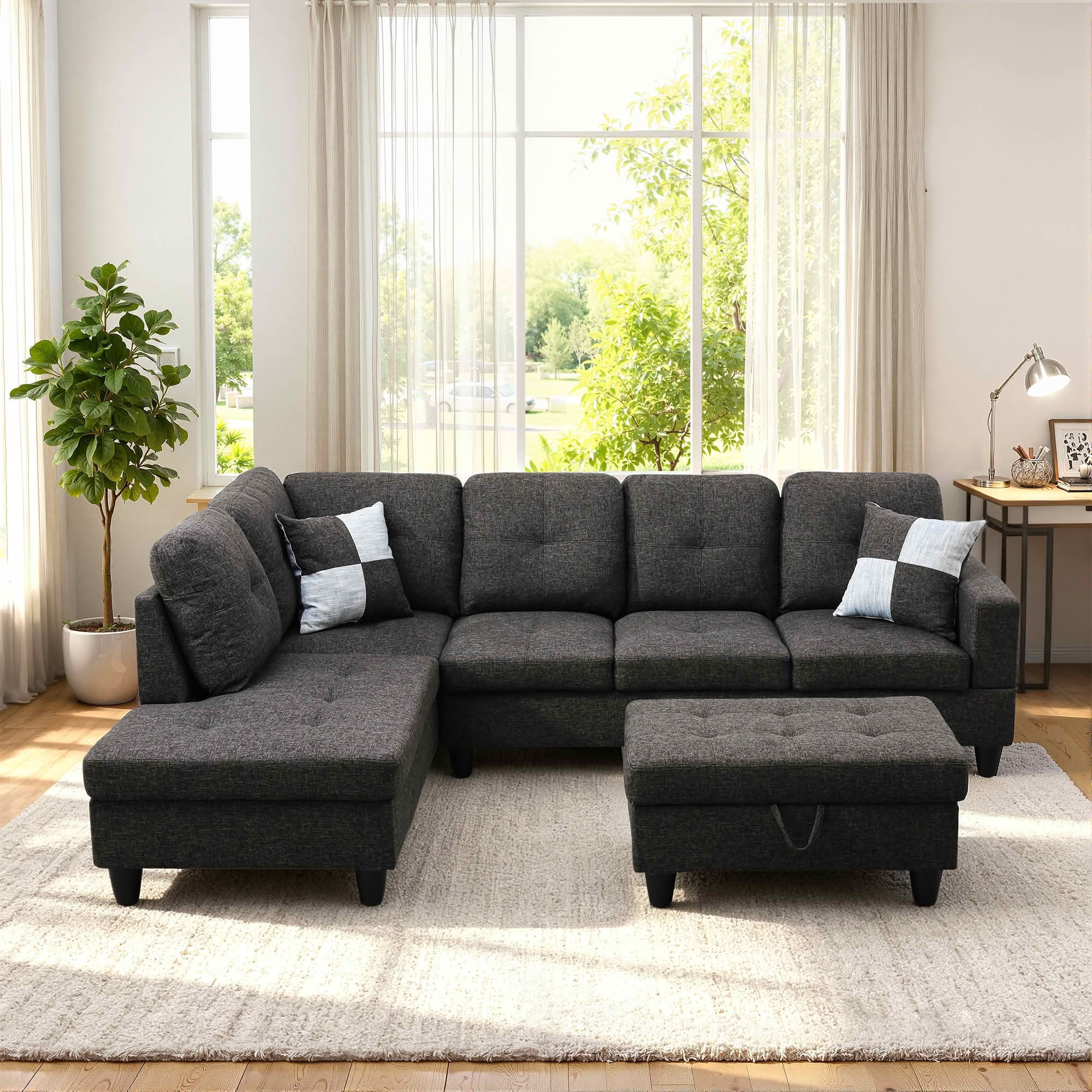 MAYEERTY 103.5" Black Gray Flannel & Faux Leather L-Shaped Sectional Sofa, 3 Piece Tufted Corner Couch with Storage Ottoman Solid Wood Frame