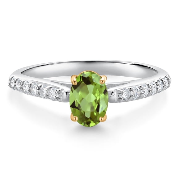 Gem Stone King 10K White and Yellow Gold Green Peridot and White Lab Grown Diamond Engagement Ring for Women (1.08 Cttw, Oval 7X5MM, Gemstone August Birthstone, Size 5)