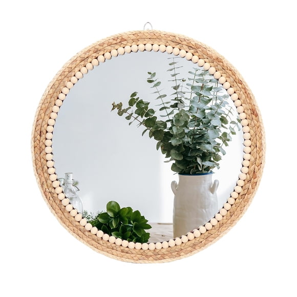 Boho Round Hanging Rattan Circle Nursery Mirror, Decorative Wall Decor for Farmhouse Bathroom Bedroom Living Room, Kids Girls Roo