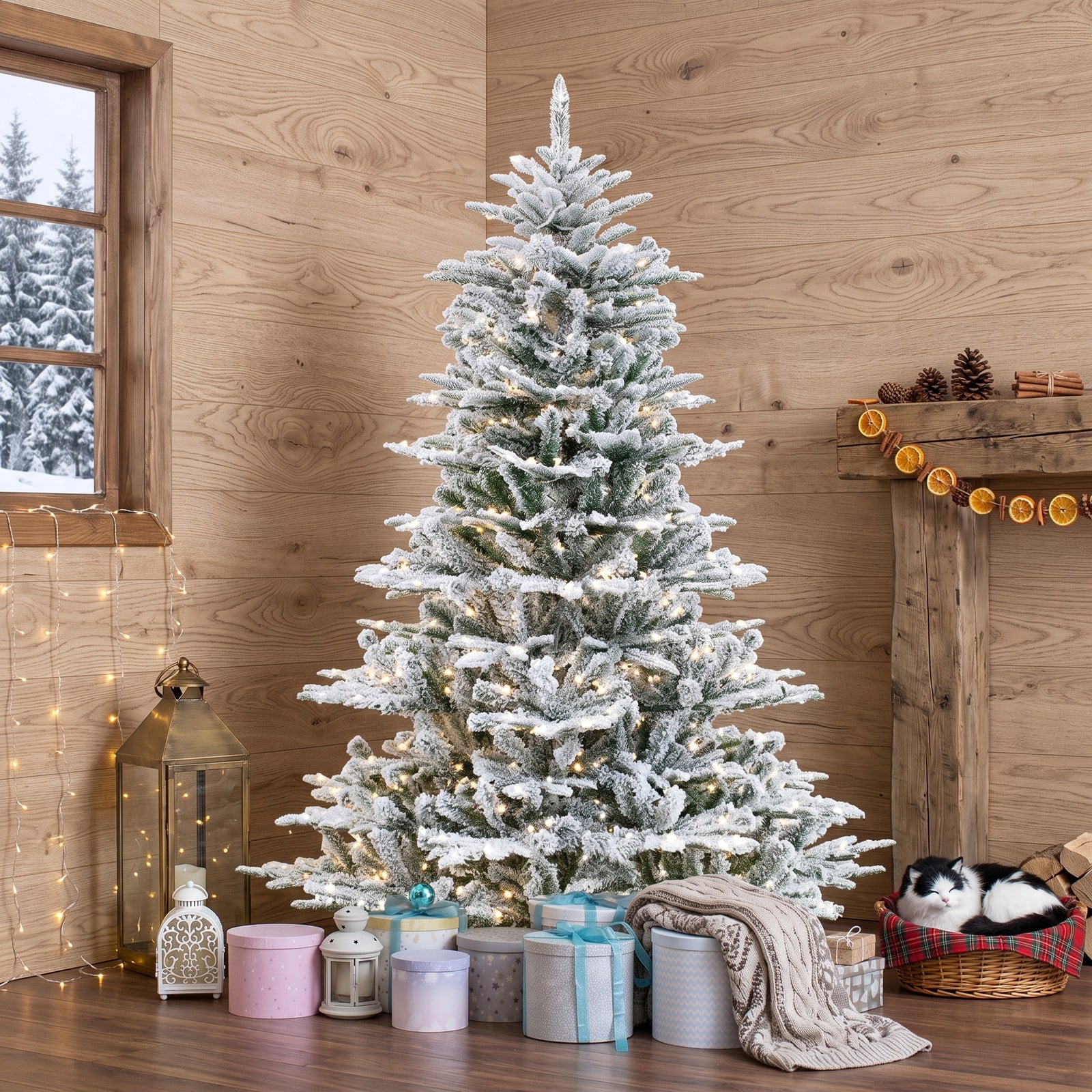 RUIE 6FT Snow Flocked Artificial Christmas Tree with 500 Cool White LED Lights, Remote Control, Timer & Hinged Branches, Pre-Lit Indoor Holiday Tree, Green & White