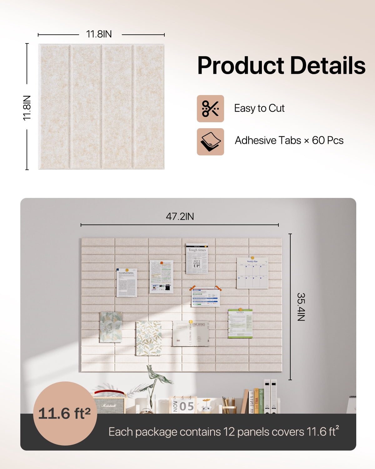 Large Cork Board, 12 Pack 12"X12"X0.4" Felt Bulletin Board Tiles with Self Adhesive for Wall Home Office Decor, Pin Cork Boards-Beige
