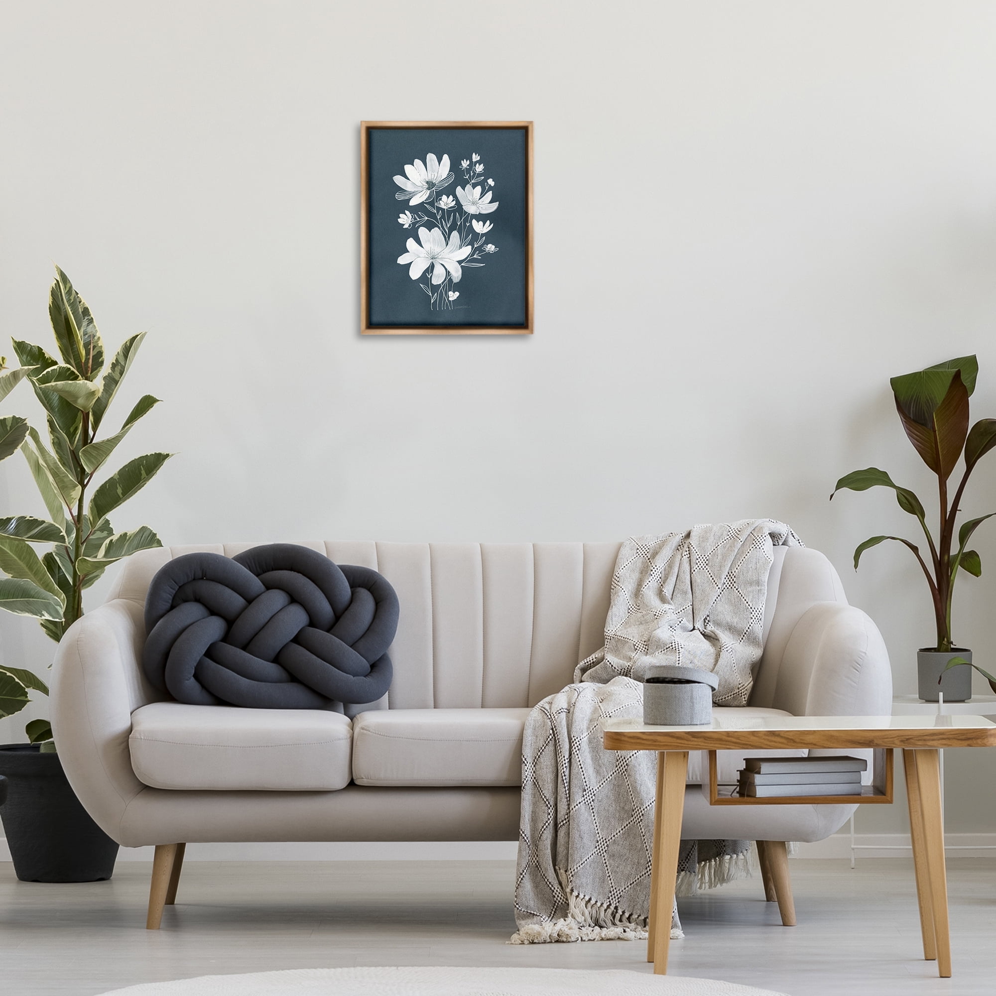 Stupell Industries White Floral with Outline Plants & Flowers Painting Brown Floater Framed Canvas Art Print Wall Art, 17 x 21