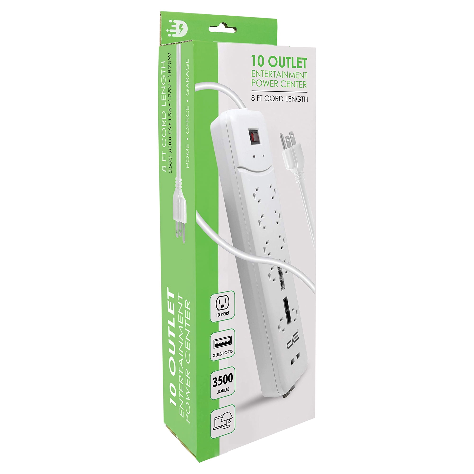 Digital Energy DSS5-1034-WHT 10-Outlet Heavy-Duty Surge Protector Power Strip with 2 USB Ports and Coaxial, Phone, and Modem Protection (White; 8-Foot Cord)