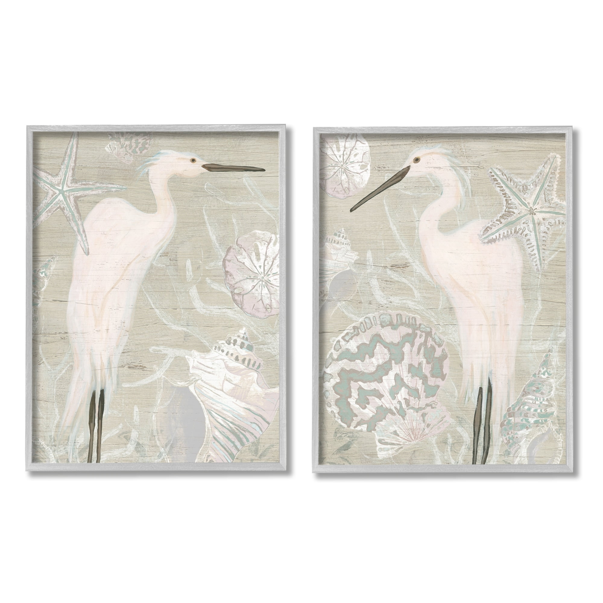 Stupell Industries White Heron Nautical Seashells Rustic Starfish Wildlife Graphic Art Gray Framed Art Print Wall Art, Set of 2, Design by June Erica Vess