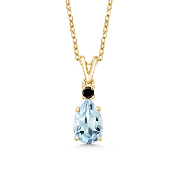 Gem Stone King 18K Yellow Gold Plated Silver Sky Blue Aquamarine and Black Diamond Pendant Necklace for Women (1.22 Cttw, Gemstone March Birthstone, Pear Shape 9X6MM, with 18 inch Chain)