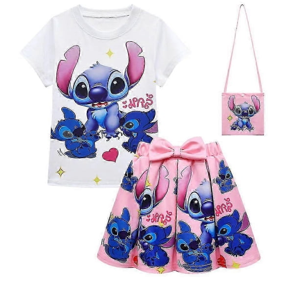 6-10 Years Girls Lilo and Stitch Printed T-Shirt+Pleated Skirts+Bags Outfits Set 26s