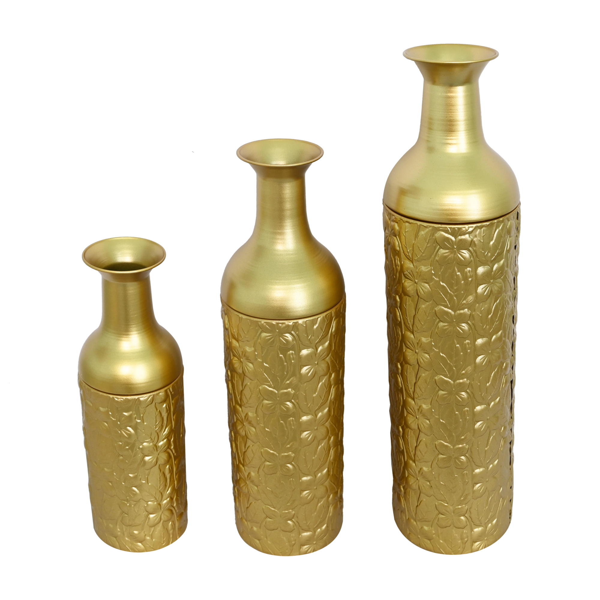 Leumius Decorative Metal Vases Set of 3, Gold Leaf Pattern Floor Vases, Gold Tall Vases for Home Decor, Living Room Entryway Decor