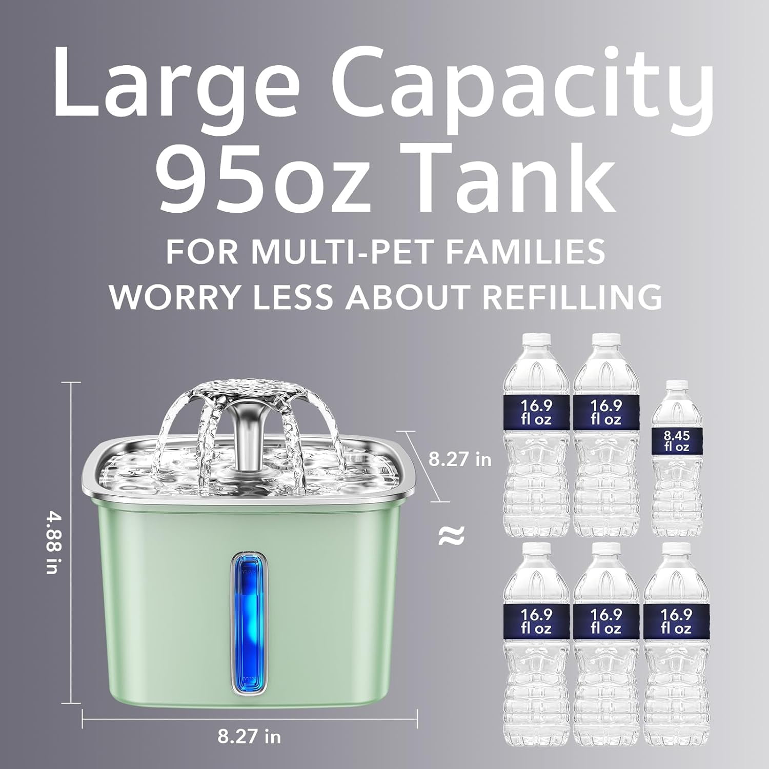 Automatic Pet Water Fountain with Stainless Steel Design, 108oz/3.2L Dispenser Includes Replacement Filters & Silicone Mat for Cats and Dogs