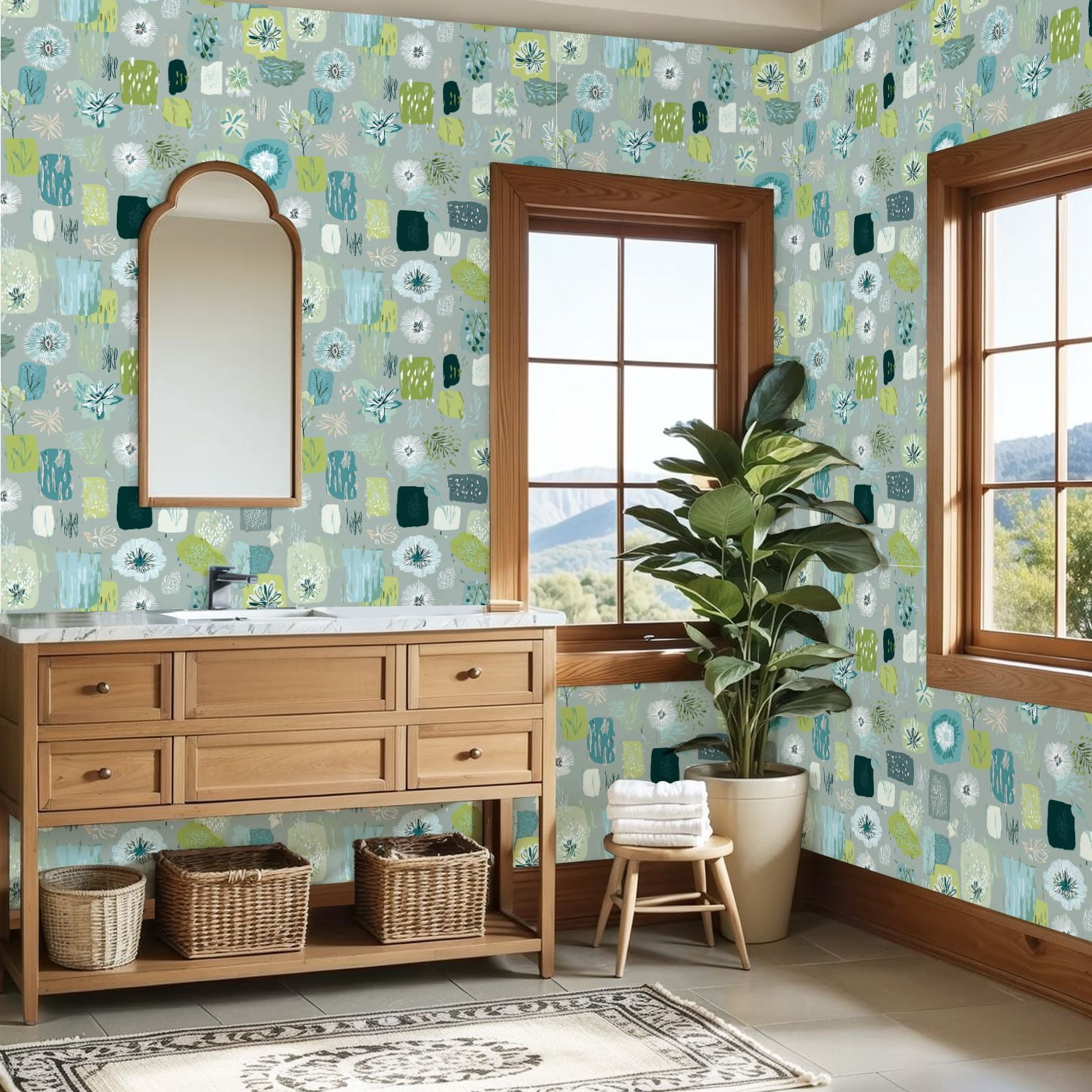 Sage Green Peel and Stick Wallpaper Abstract Botanical Green Blue Floral Elements Wall Mural 23.6in x 9.8ft Self Adhesive Removable Wall Paper Renter Friendly Wallpaper for Girls Bedroom Livingroom