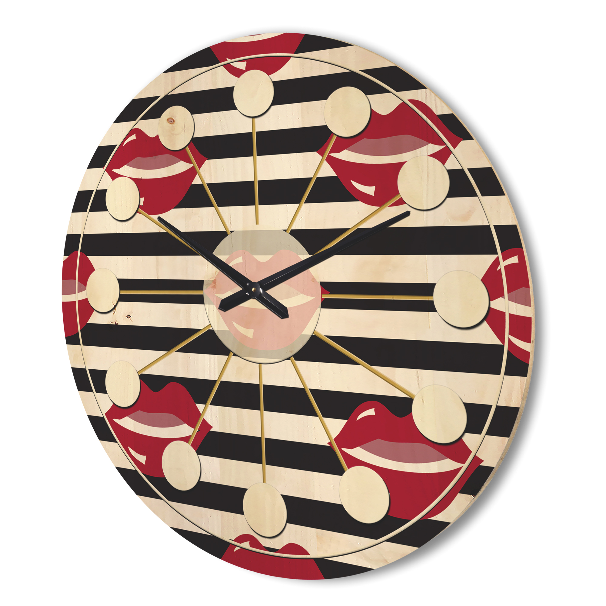 Designart 'Red Lips Fashion Horizantal Pattern' Mid-Century Modern Wood Wall Clock