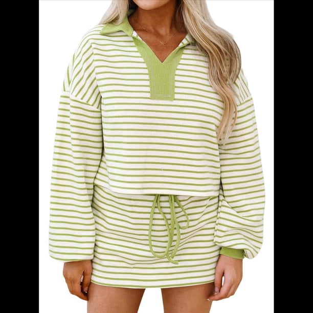 Conjunto de Dos Piezas A Rayas para Mujer, Sudadera Informal con Falda y Larga, Conjunto de Estar por Casa A Juego. Amarillo-Verde XL