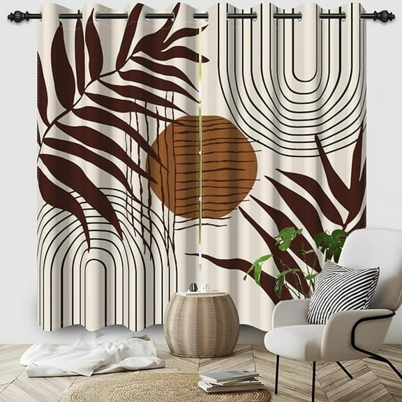 Mid Century Blackout Curtains, Brown And Beige Boho Window Curtains For Living Room Abstract Leaves Bedroom Curtains Room Darkening Drapes With Grommets 53"W x 96"L (Pack of 2)