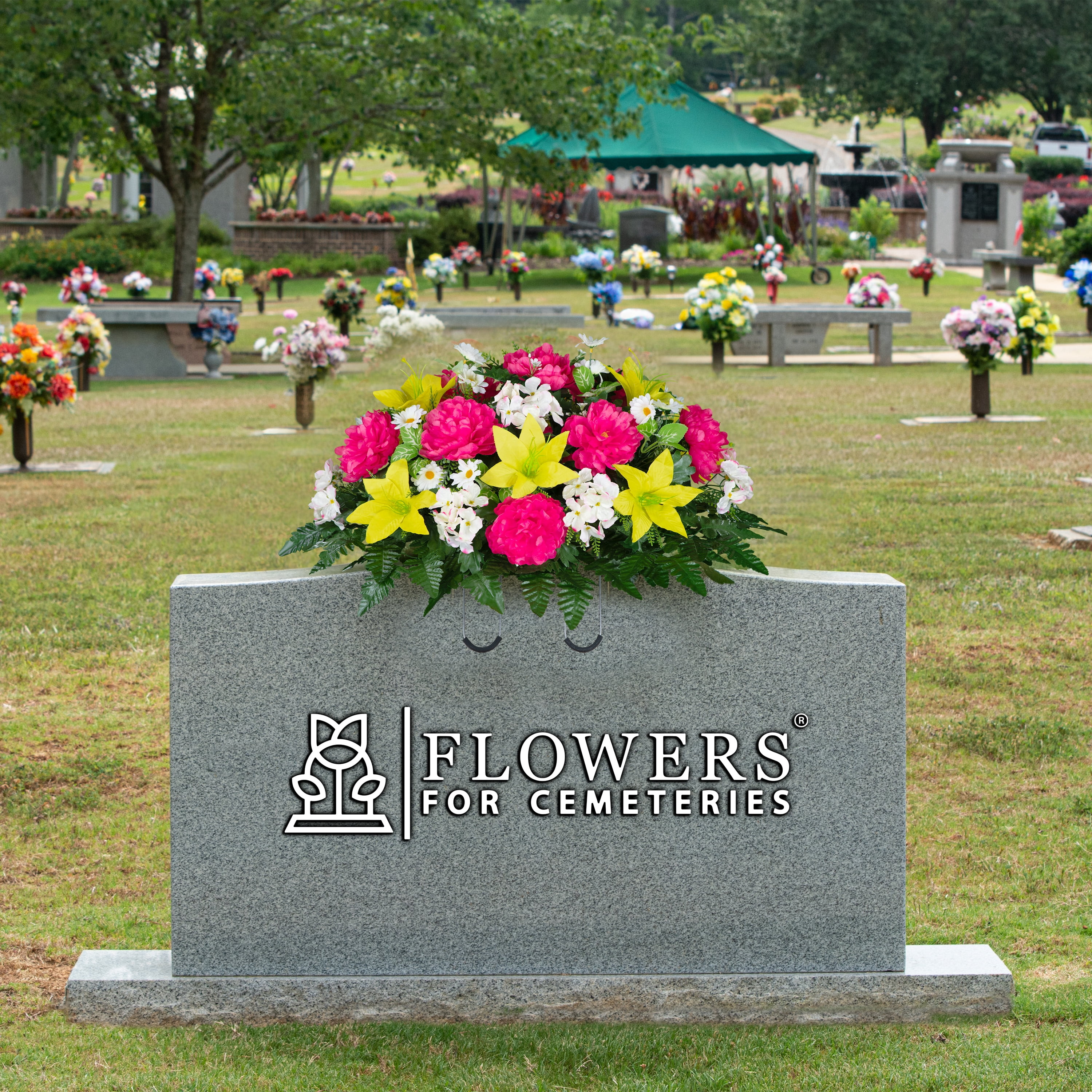 Sympathy Silks Artificial Cemetery Flowers Pink Peony and Yellow Lily Saddle for Headstone