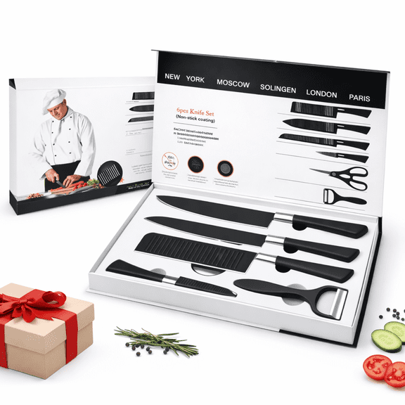 6 Piece Kitchen Knife Set with Nonstick Blades, Chef Knives, Kitchen Scissors and Peeler, Ergonomic Handle Cooking Knife Set in Gift Box