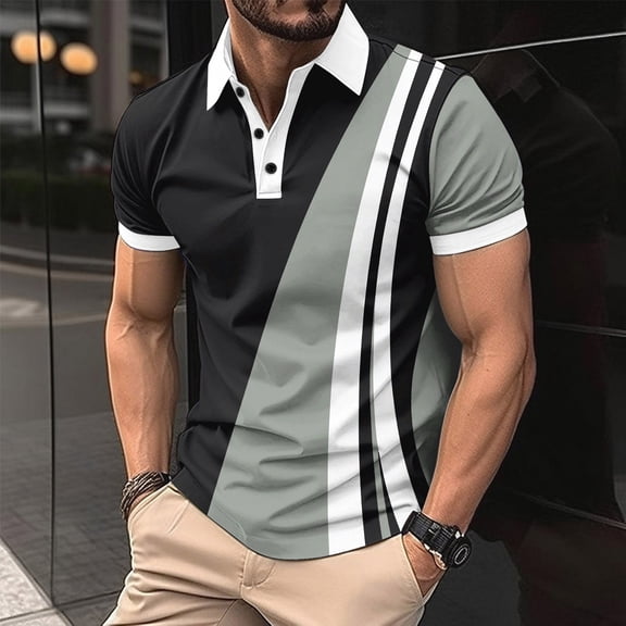 Goodtrade8 Mens Short Sleeve T-Shirts Office Collared Pullover Summer Casual Patchwork Slim Fit Outdoor Shirts for Men