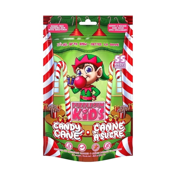Bubblegum Kids Elf Candy Cane Sugar Free Gum with Xylitol, Chewing Gum, Peppermint Flavor, 55 Count
