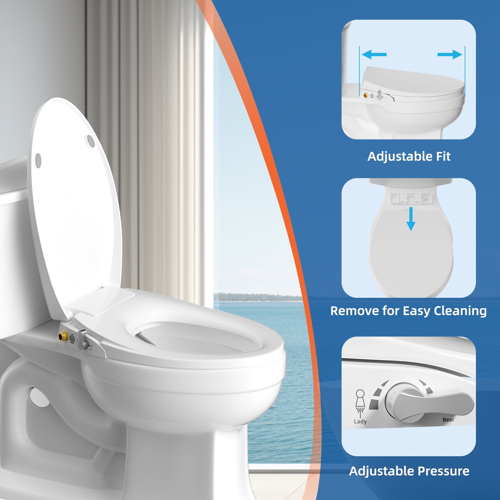 CADOVE Elongated Bidet Toilet Seat, Non-Electric Dual Nozzle Bidet Attachment with Adjustable Self-Cleaning Nozzles