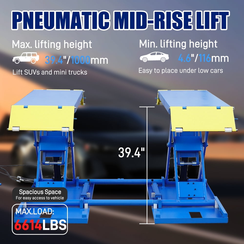 6614 lbs Mid-Rise Scissor Lift for Home Garage - 110V/60Hz Portable Car Lift with Pneumatic Release & 39.4" Lift Height - Heavy Duty Auto Lift for Truck & SUV Repair
