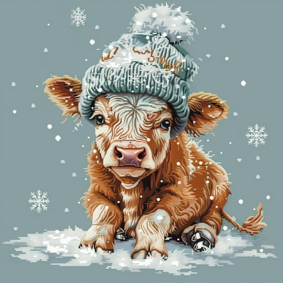 Cute Little Bull with Hat Snowflake DIY 11CT Stamped Cross Stitch Kits for Beginners Easy Needlepoint Embroidery Counted Cross Stitch Art Craft for Wall Decoration 14x14inch(4)