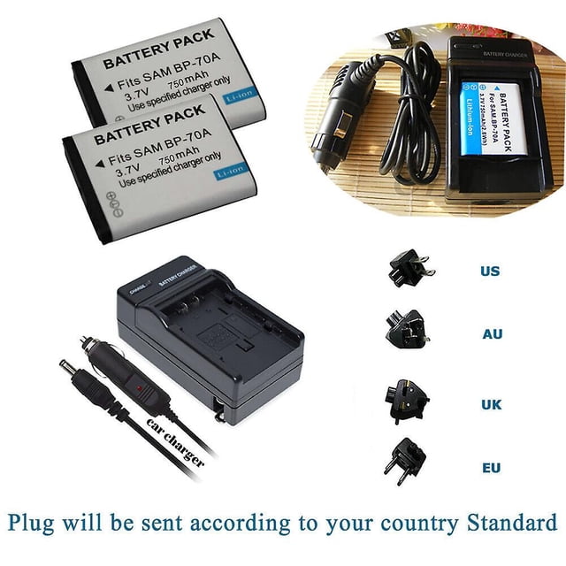bp70a bp 70a batería/cargador compatible samsung st90 st95 st650 sl50 sl630 sl600 sl605 — Composición centrada: dos baterías Li-ion 3.7 V 750 mAh apiladas, cargador de ranura única con indicador, cable adaptador para coche y cuatro enchufes intercambiables (US/AU/UK/EU) sobre fondo blanco; adecuado también para mantener baterías de cámaras compactas durante viajes cortos.