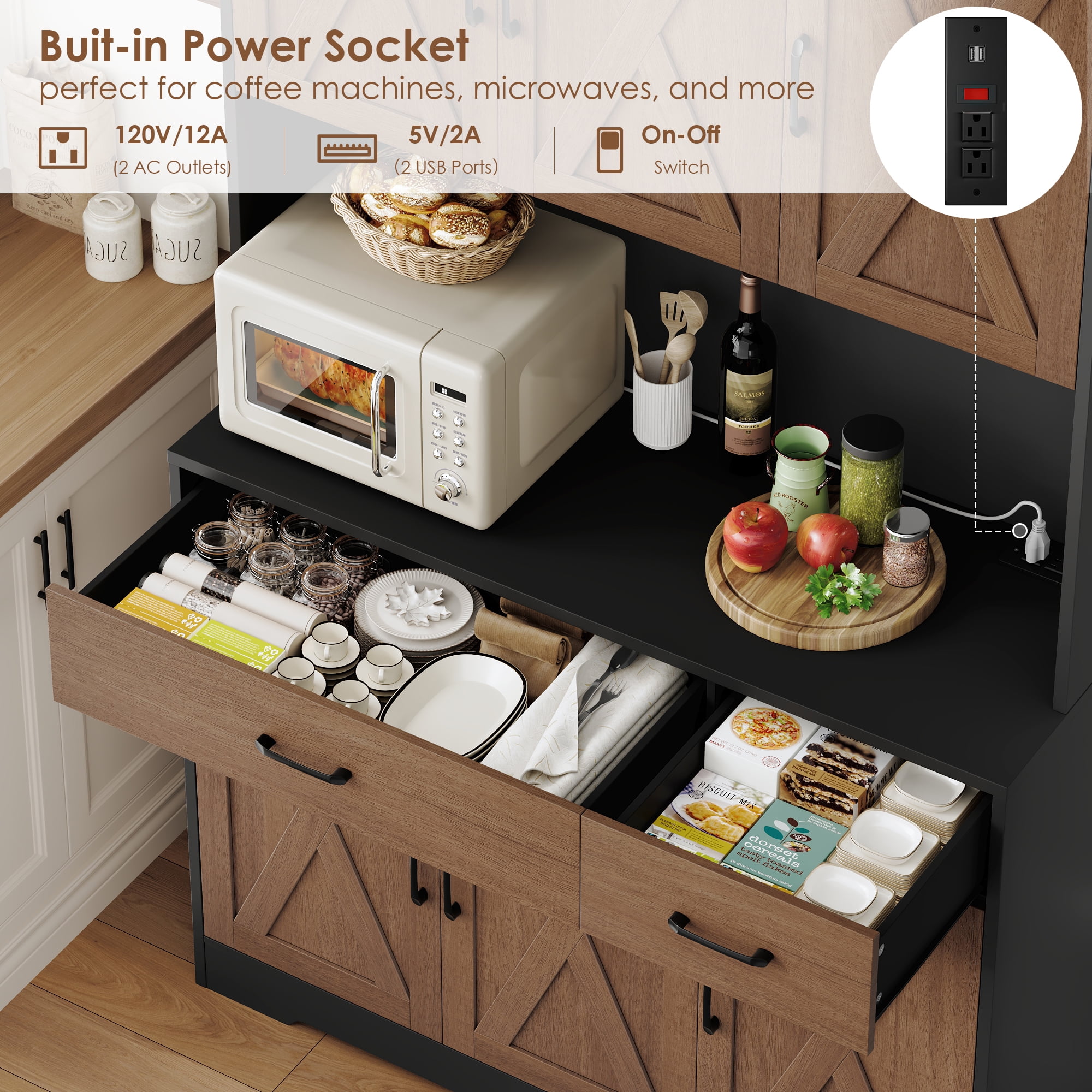 Homfa 71" Kitchen Pantry with Charging Station, Freestanding Cupboard with Adjustable Shelves, Floor Cabinet for Dining Room, Black&Brown