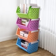 4-Pack Large Stackable Storage Bins, Colored Plastic Stacking Basket