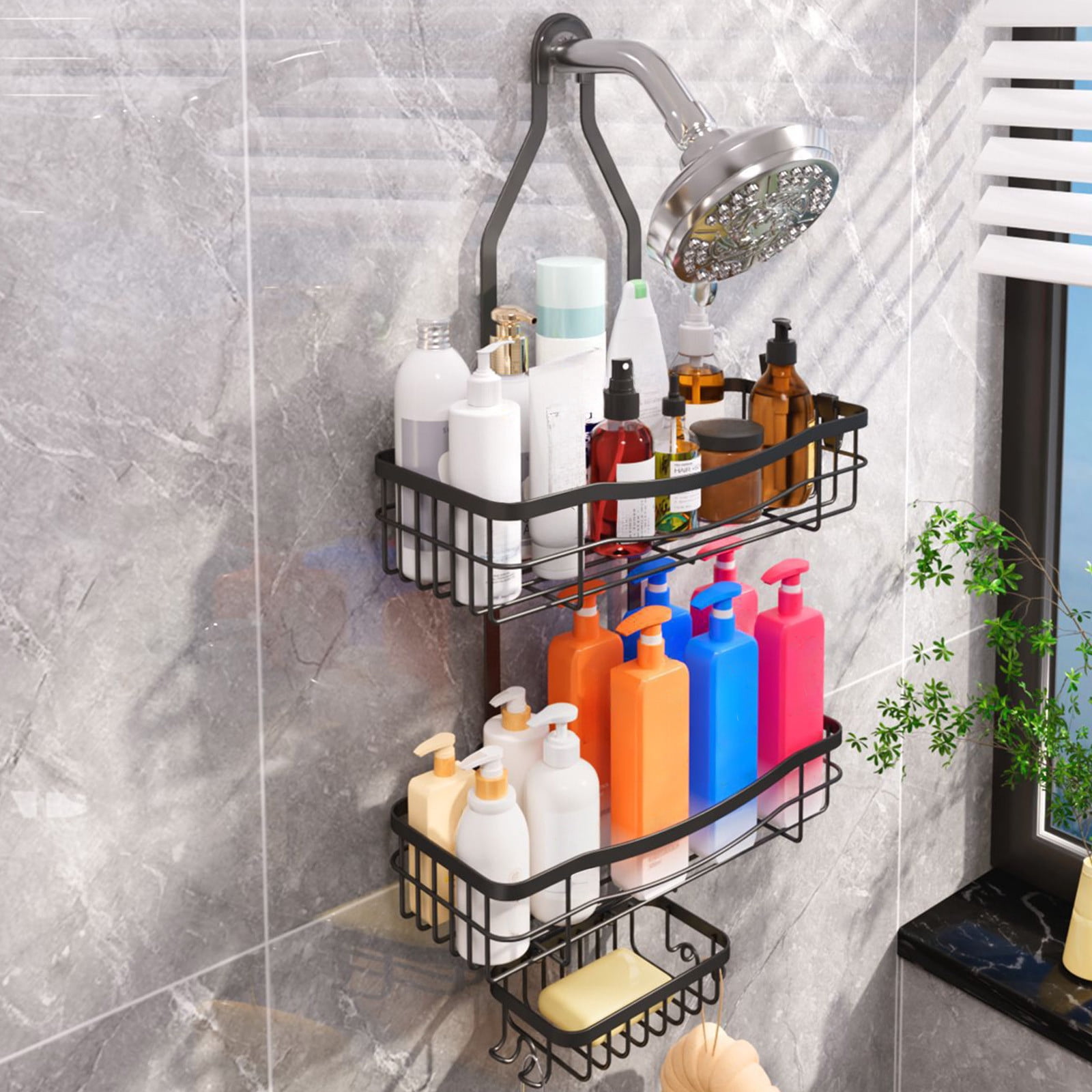Stainless Steel Shower Caddy, Black Shower Organizer Rack, No Drill Installation, Hanging Shower Shelf for Bathroom, Shampoo Storage with Hanger