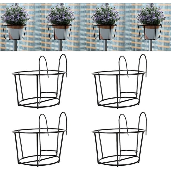 4Pcs Hanging Railing Planter, Flower Hangers for Porch Rail, Deck Railing Plant Hangers, NOGIS Balcony Planters Railing Hanging,Round Plant Baskets Metal Potted Mounted for Indoor Outdoor,Black