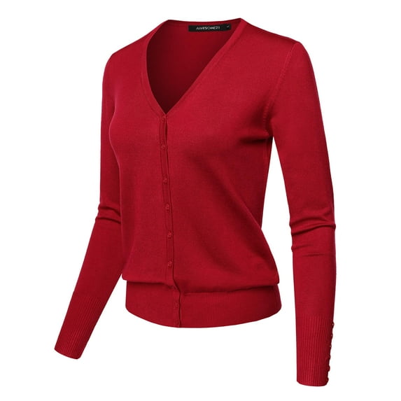 FashionOutfit Women's Light weight Solid V-Neck Button Closure Long Sleeves Sweater Cardigan