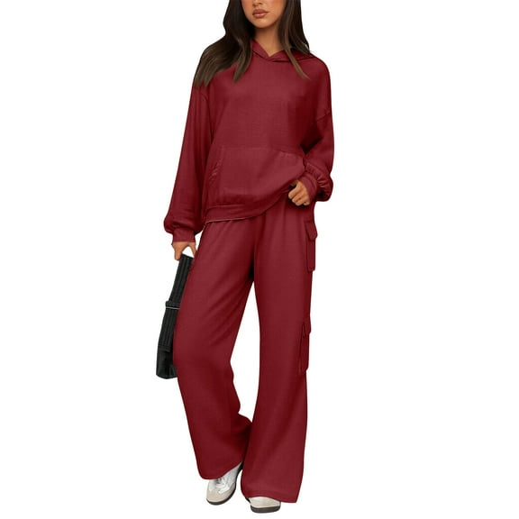 2 Piece Outfits Lounge Hoodie Cargo Pants Sweatsuit Sets Fall Fashion Clothes Airport Travel Pants Tracksuits Red L