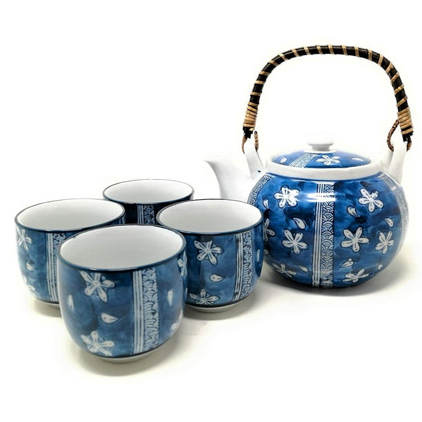 TJ Global Chinese Japanese Porcelain Tea Set with Blue Flower Design