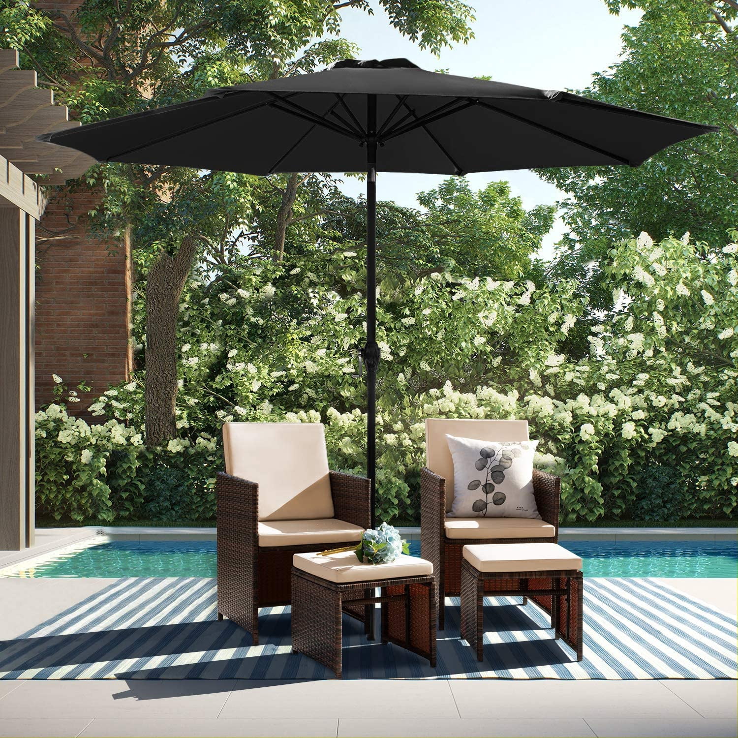 Vineego 5 Pieces Wicker Outdoor Patio Furniture Set Patio Chairs with Umbrella and Ottoman (Black)