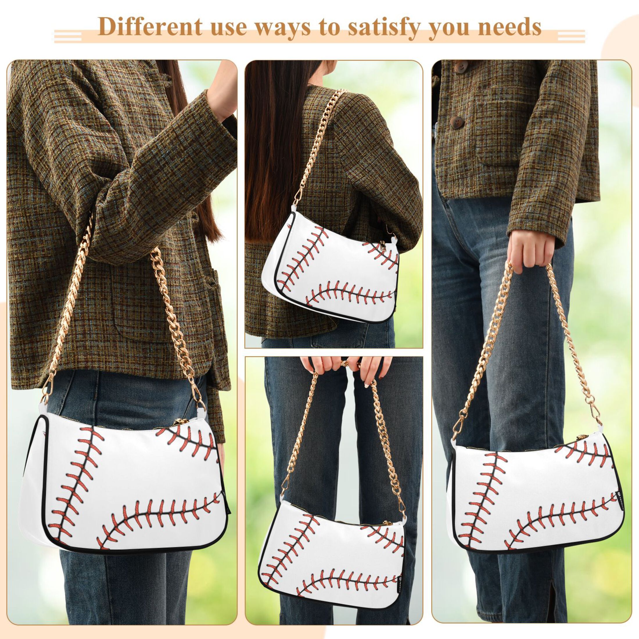 White Baseball Womens Chain Shoulder Bag Tote Handbag Clutch Hobo Purse with Zipper for Travel Casual